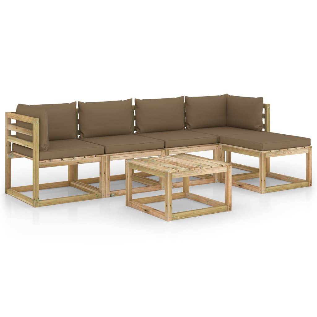 Set mobilier de gradina cu perne 6 piese, canapea L cu masuta, vidaXL, Lemn de pin tratat, Maro/Perne Gri taupe