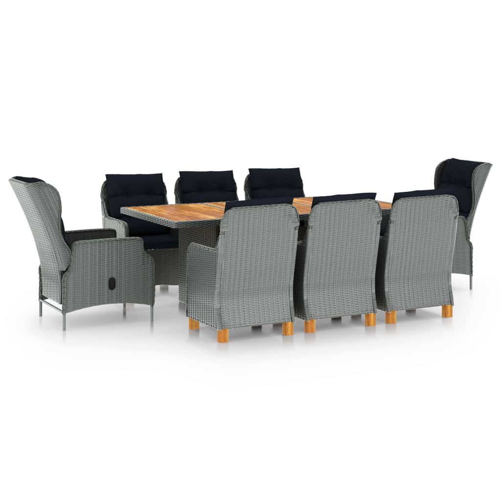 Set mobilier exterior cu perne, 9 piese, masa cu scaune si saltelute, vidaXL, poliratan-lemn acacia, Gri/Maro