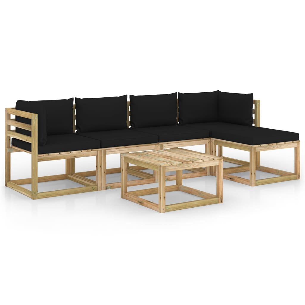Set mobilier de gradina cu perne 6 piese, canapea L cu masuta, vidaXL, Lemn de pin tratat, Maro/Perne Negru