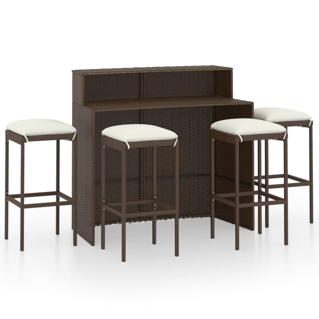Set mobilier de bar de gradina 5 piese, masa cu 4 scaune cu pernute, vidaXL, Poliratan, 120 x 55 x 110 cm, Maro/Perne Crem