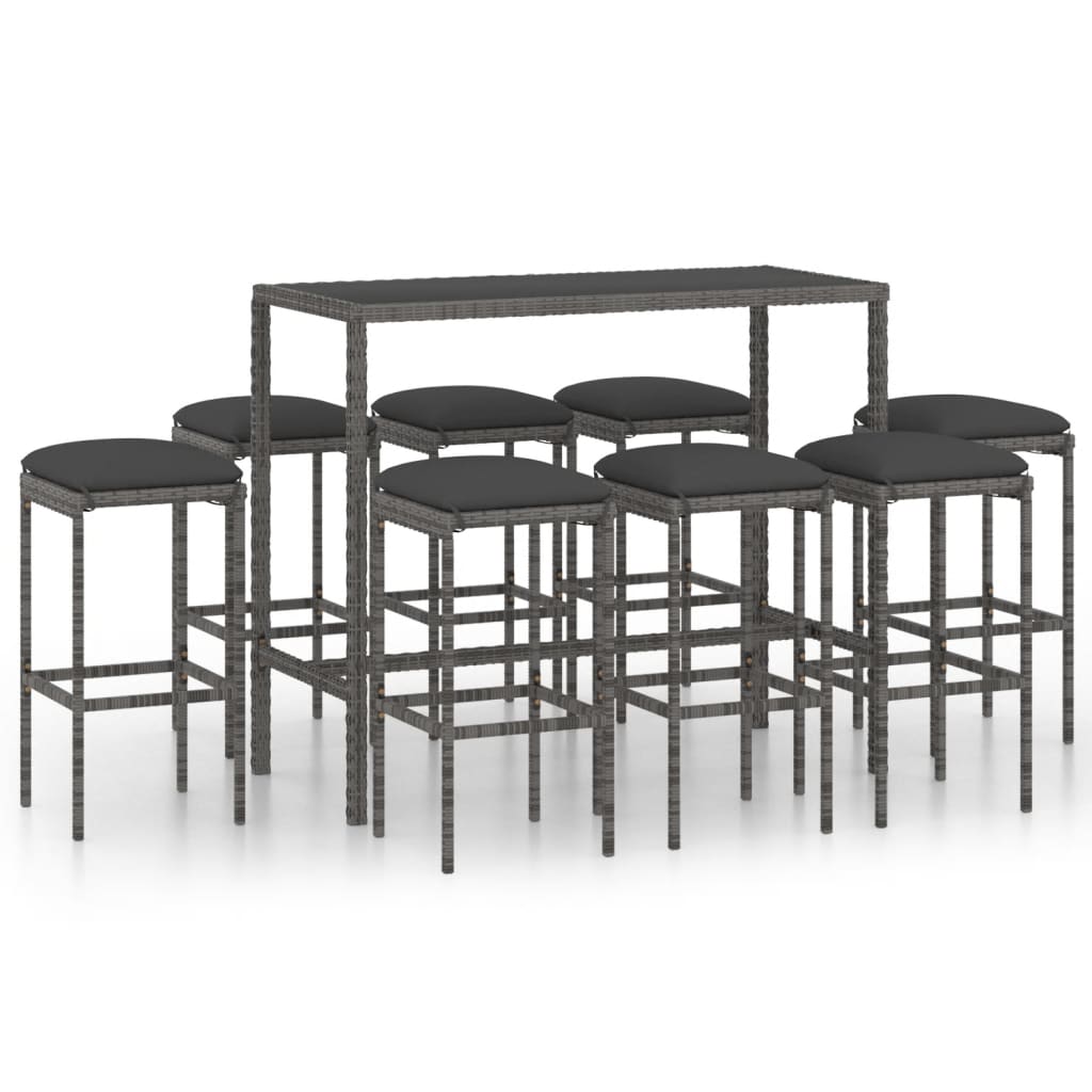Set mobilier de bar de gradina 9 piese masa cu 8 scaune cu pernute, vidaXL, Poliratan-Sticla securizata, 130 x 60 x 110 cm, Gri/Antracit