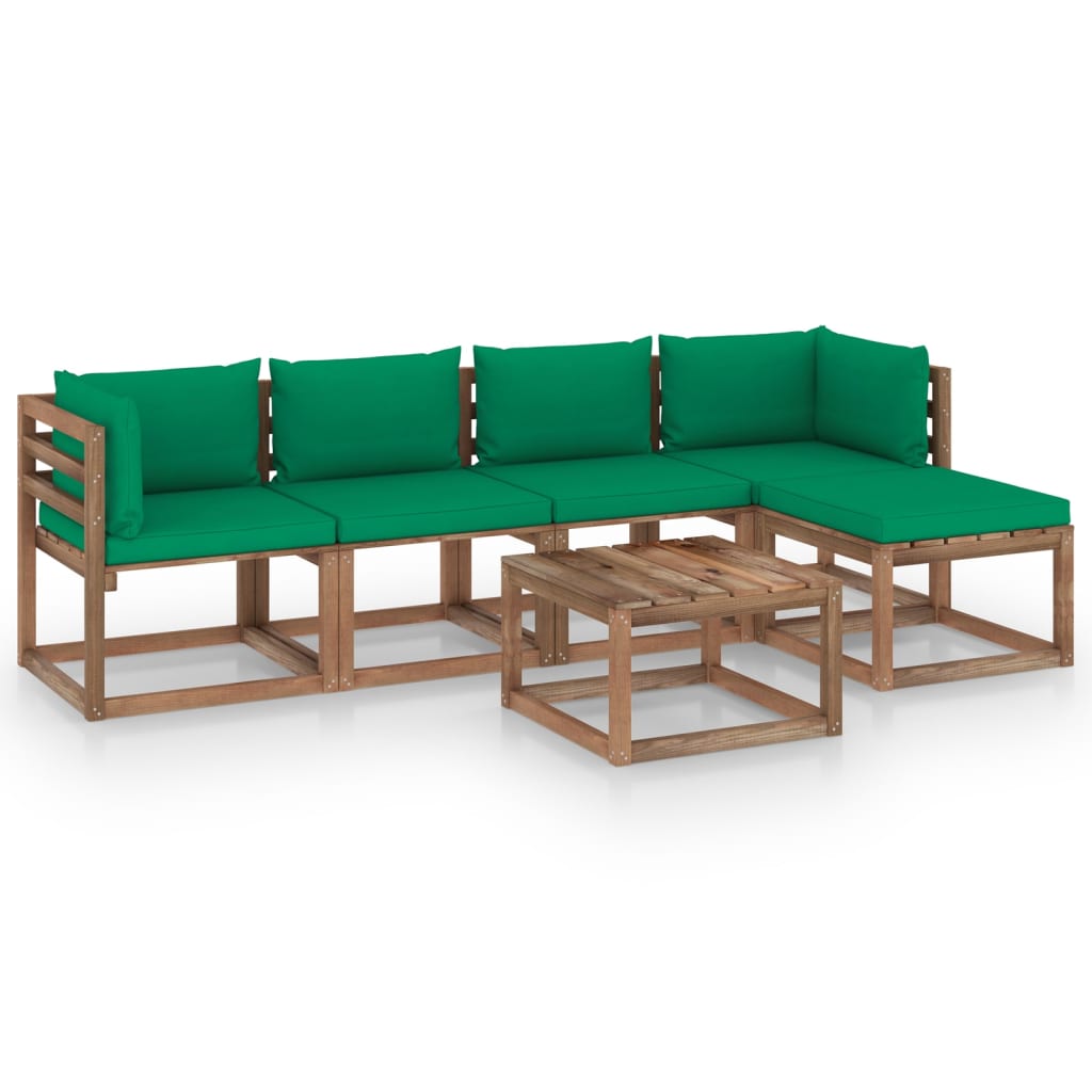 Set mobilier de gradina 6 piese, canapea L cu perne si masuta, vidaXL, Lemn pin tratat, Maro/Perne verde