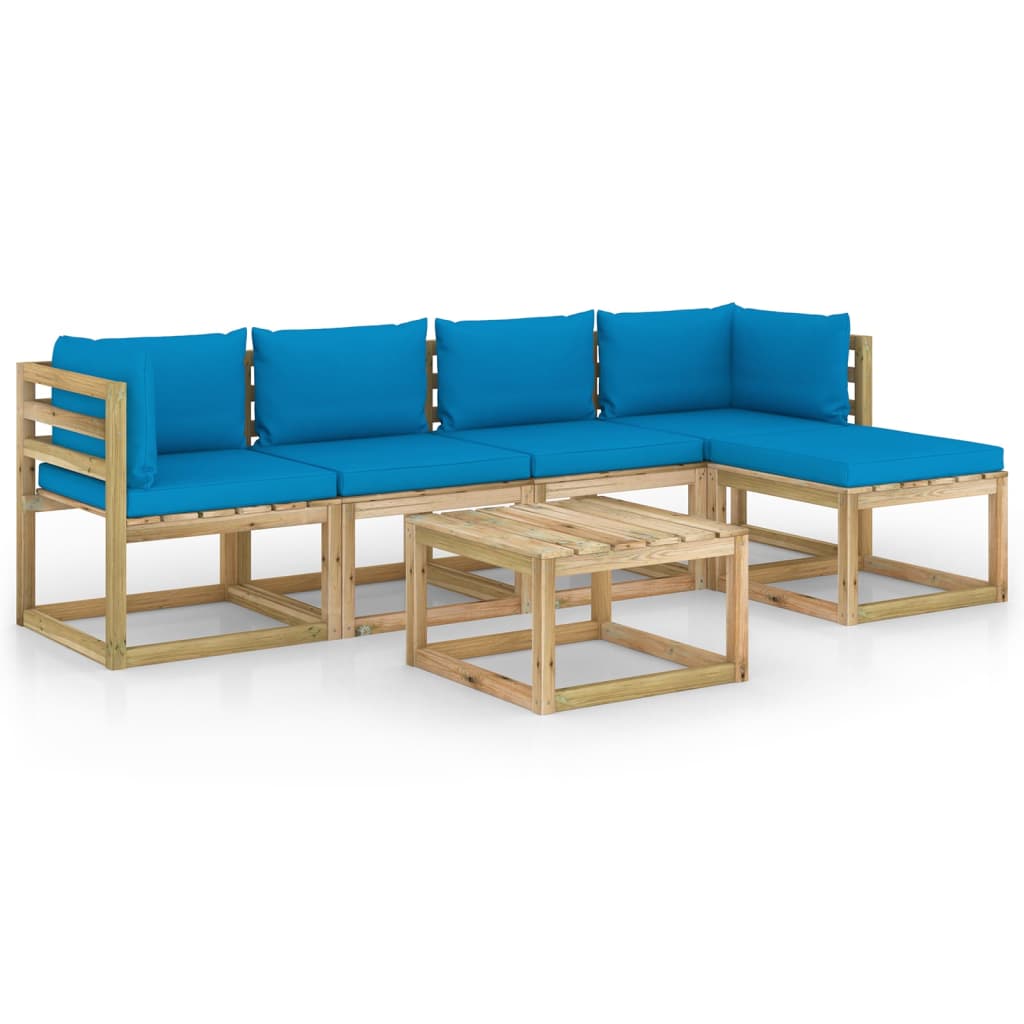 Set mobilier de gradina cu perne 6 piese, canapea L cu masuta, vidaXL, Lemn de pin tratat, Maro/Perne albastru deschis