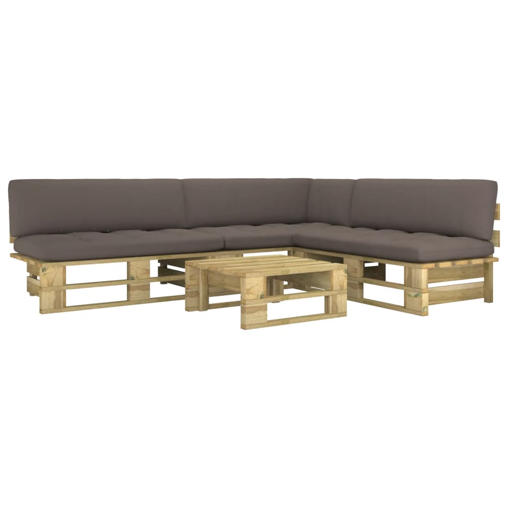 Set mobilier de gradina paleti 4 piese canapea L cu perne si masuta, vidaXL, Lemn, Verde/Perne gri taupe