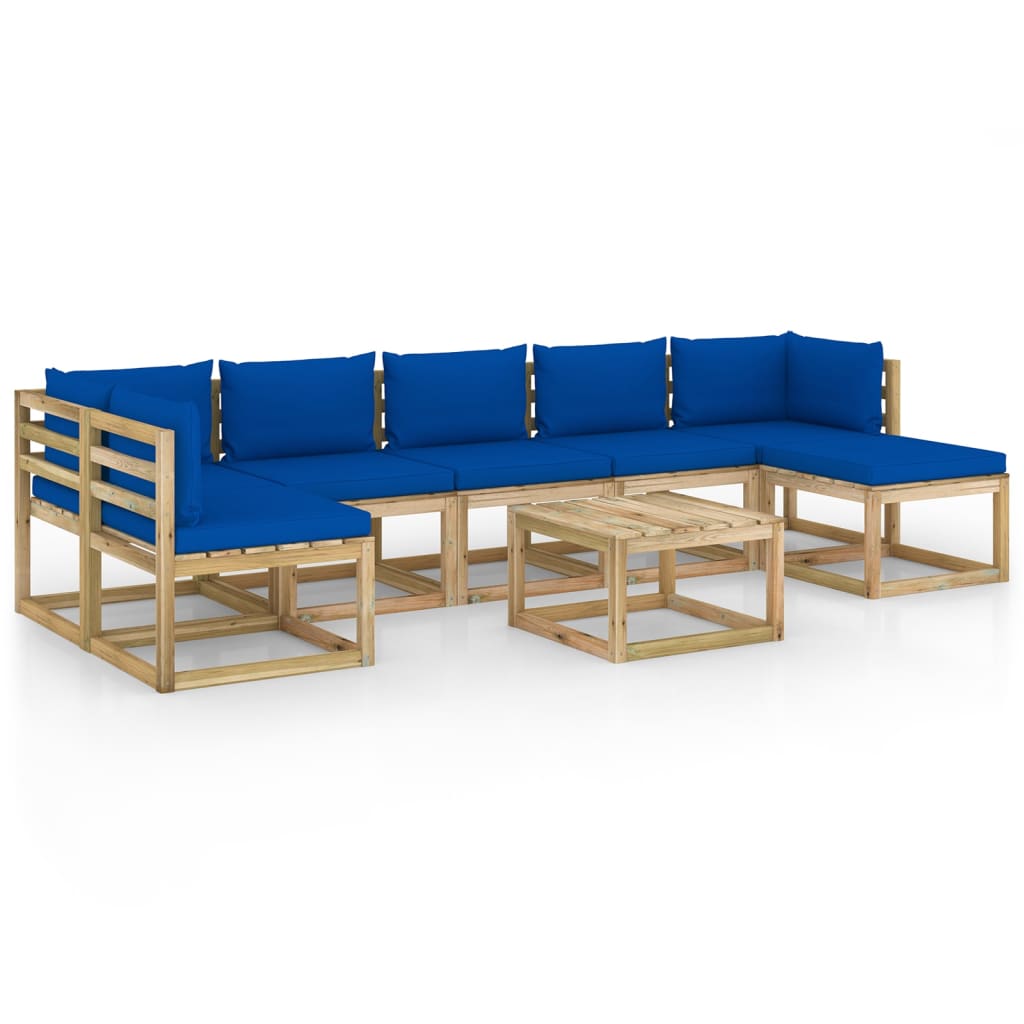 Set mobilier de gradina cu perne 8 piese, canapea U cu masuta, vidaXL, Lemn de pin tratat, Maro/Perne albastru