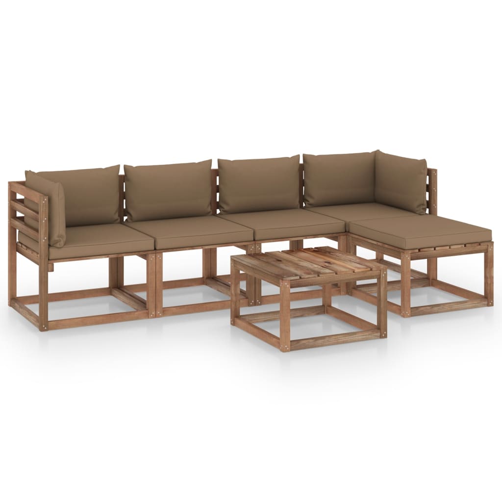 Set mobilier de gradina 6 piese, canapea L cu perne si masuta, vidaXL, Lemn pin tratat, Maro/Perne Gri taupe