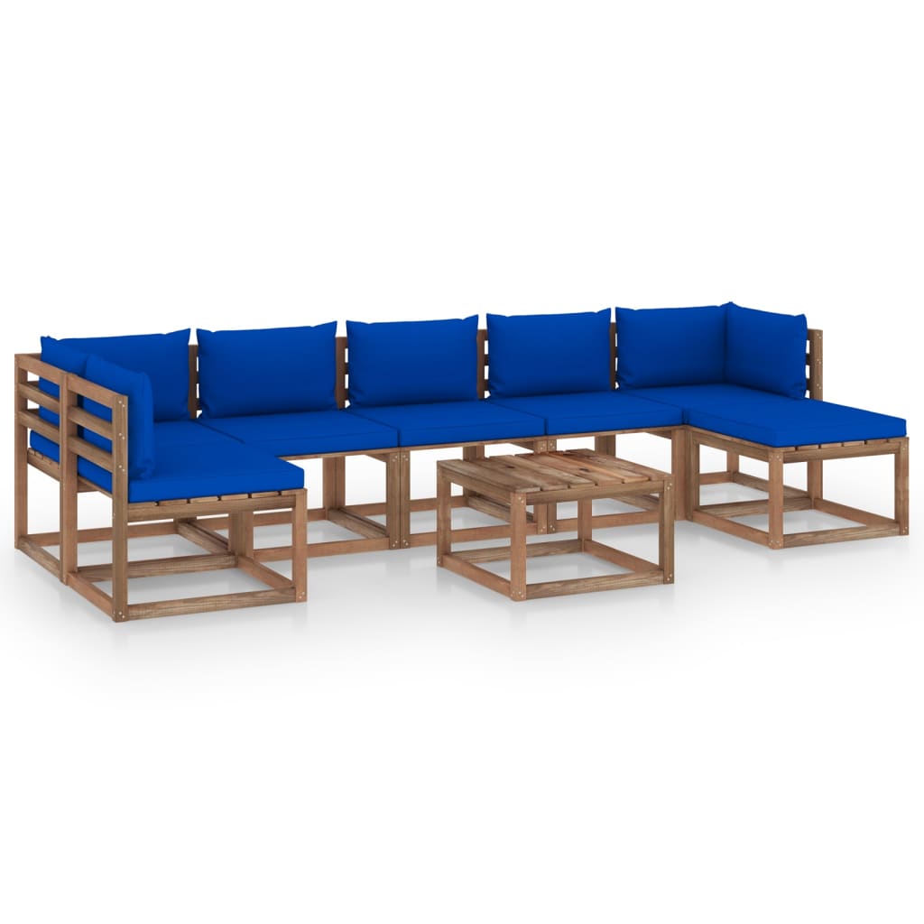 Set mobilier de gradina 8 piese, canapea U cu perne si masuta cafea, vidaXL, Lemn pin tratat, Maro/Perne Albastru