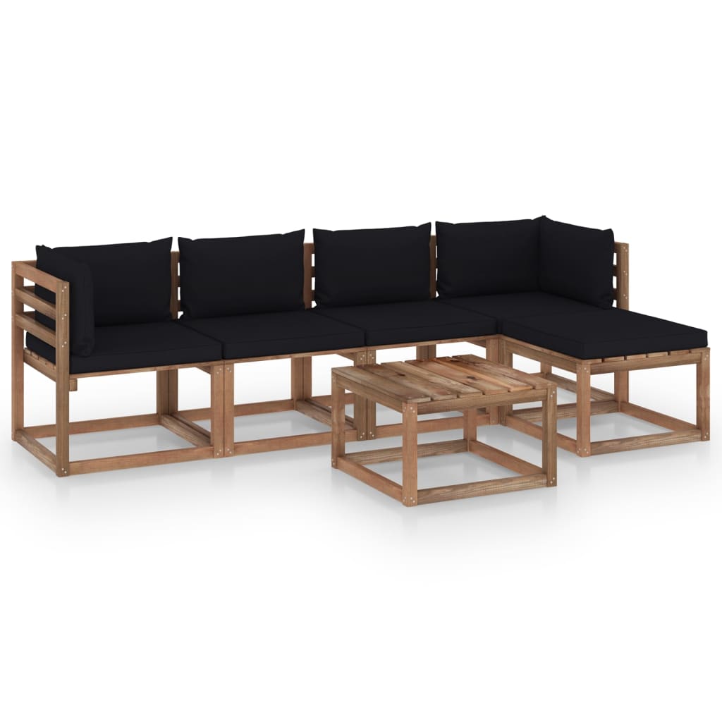 Set mobilier de gradina 6 piese, canapea L cu perne si masuta, vidaXL, Lemn pin tratat, Maro/Perne Negru