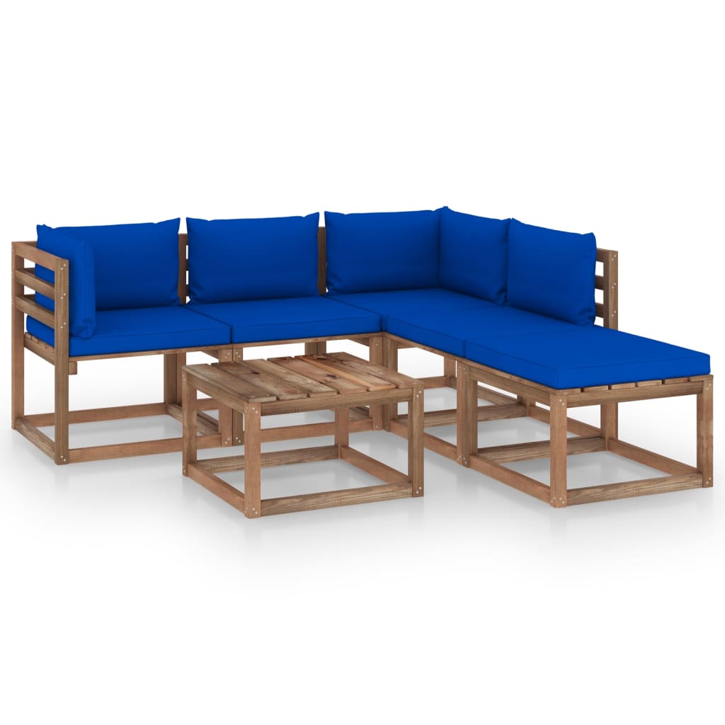 Set mobilier de gradina 6 piese, canapea L cu perne si masuta cafea, vidaXL, Lemn pin tratat, Maro/Perne Albastru