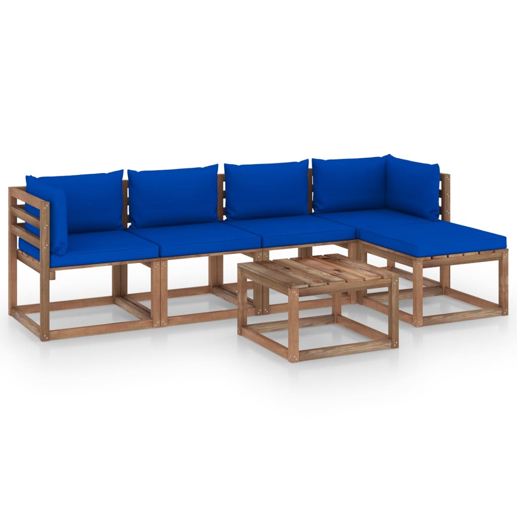 Set mobilier de gradina 6 piese, canapea L cu perne si masuta, vidaXL, Lemn pin tratat, Maro/Perne Albastru