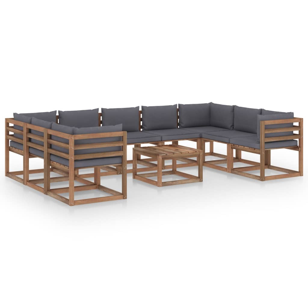 Set mobilier de gradina 10 piese, canapea U cu perne si masuta cafea, vidaXL, Lemn pin tratat, Maro/Perne Antracit