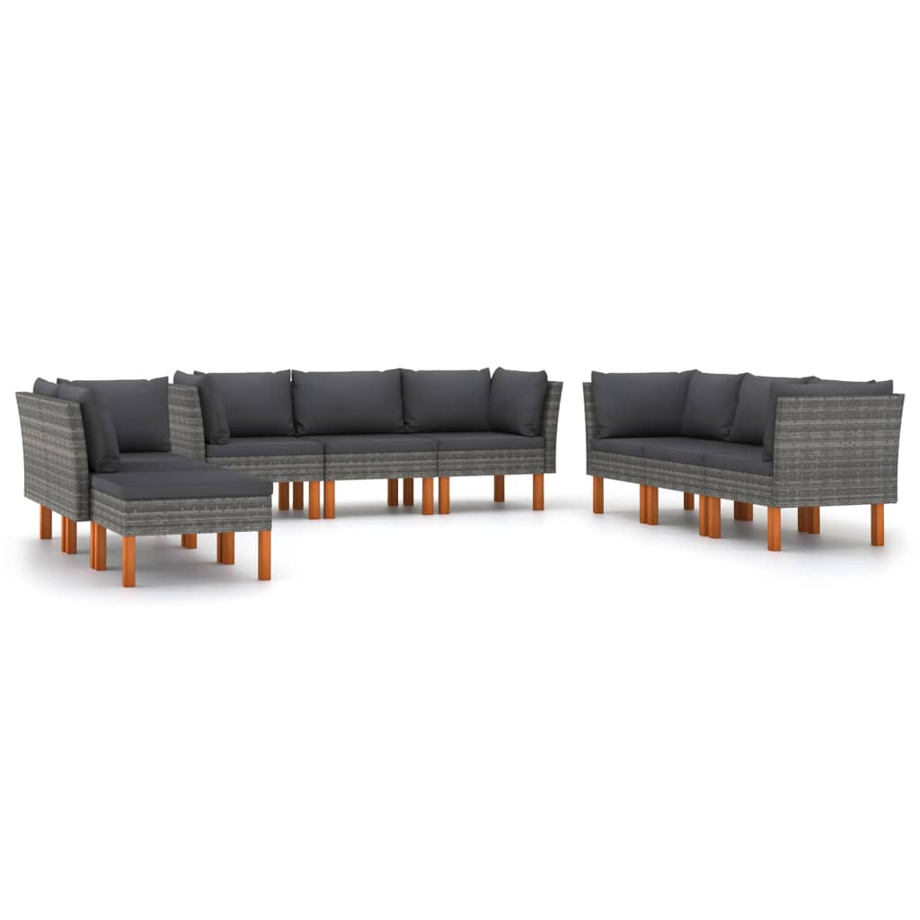 Set canapea de gradina 9 piese cu fotoliu si taburet, vidaXL, Poliratan-Lemn, Gri/Maro