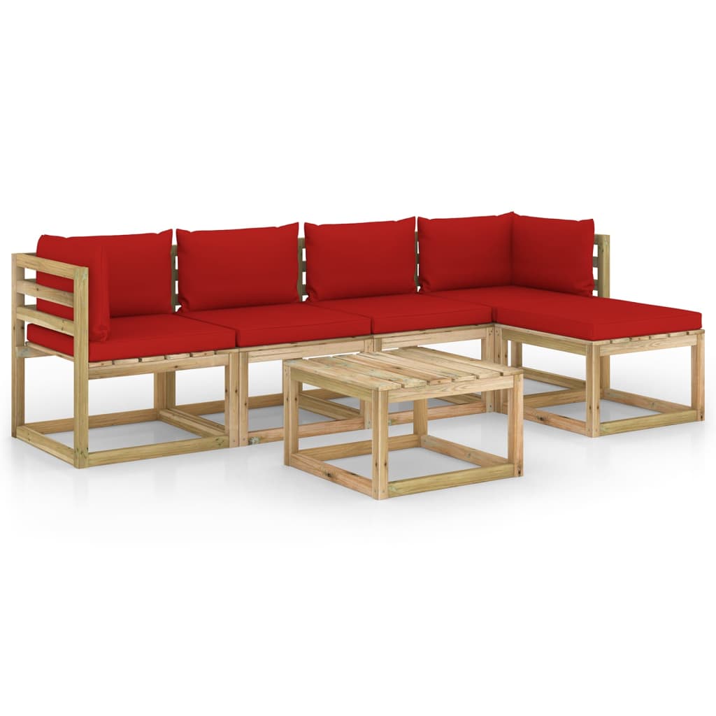Set mobilier de gradina cu perne 6 piese, canapea L cu masuta, vidaXL, Lemn de pin tratat, Maro/Perne Rosu