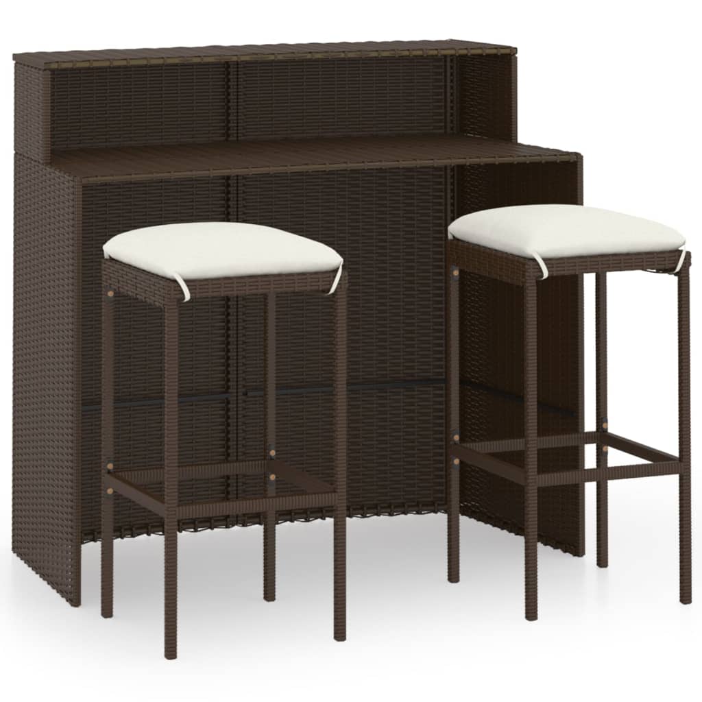 Set mobilier de bar de gradina 3 piese, masa cu scaune cu pernute, vidaXL, Poliratan, 120 x 55 x 110 cm, Maro/Alb