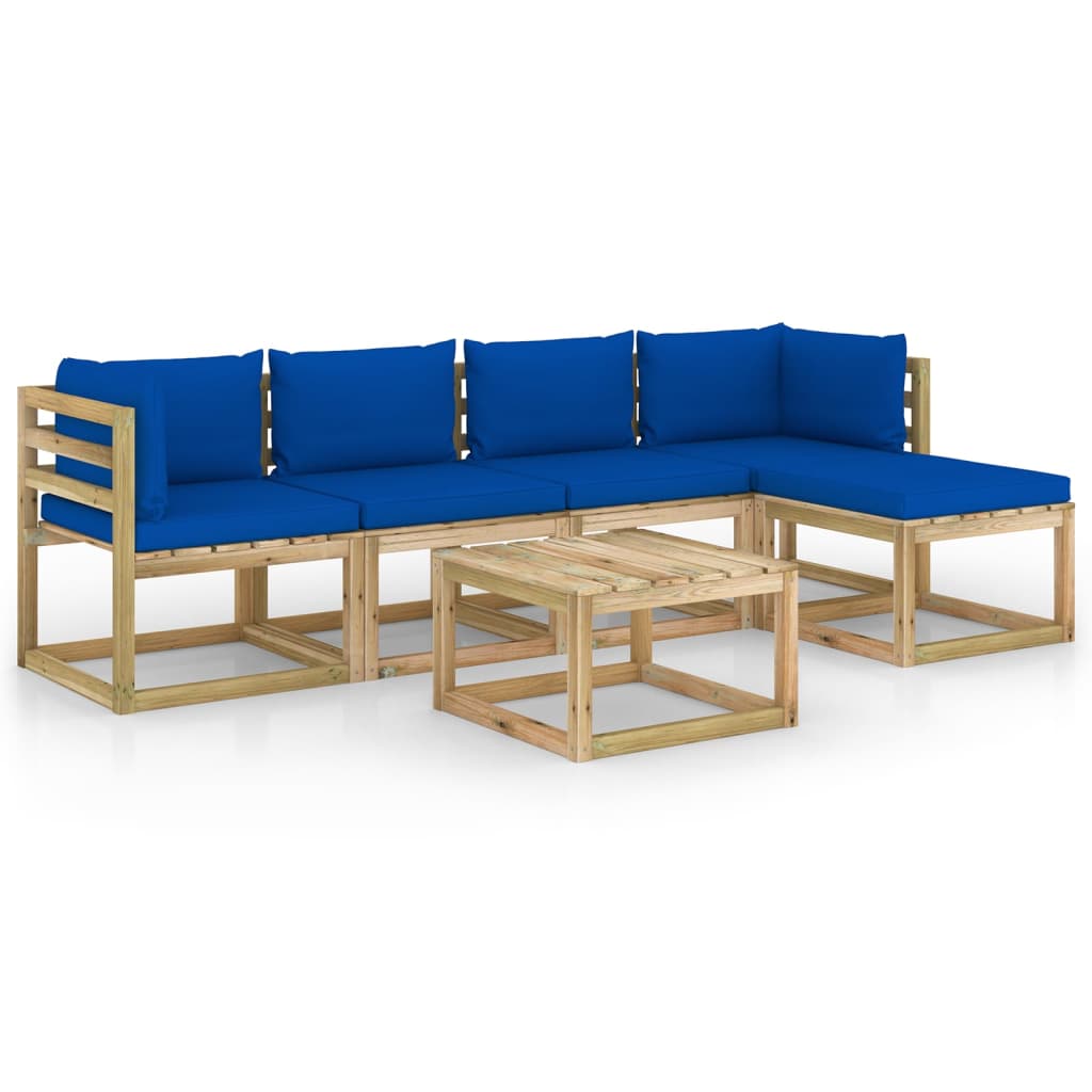 Set mobilier de gradina cu perne 6 piese, canapea L si masuta, vidaXL, Lemn de pin tratat, Maro/Perne albastru