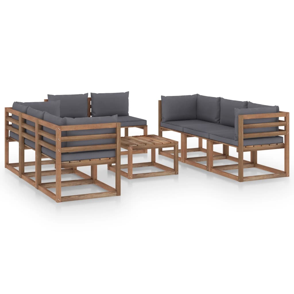 Set mobilier de gradina 9 piese, 3 canapele cu perne si masuta cafea, vidaXL, Lemn pin tratat, Maro/Perne Antracit