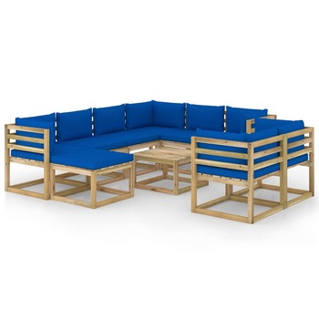 Set mobilier de gradina cu perne 10 piese, canapea U si masuta, vidaXL, Lemn de pin tratat, Maro/Perne albastru Set mobilier de gradina cu perne 10 piese, canapea U si masuta, vidaXL, Lemn de pin tratat, Maro/Perne albastru
