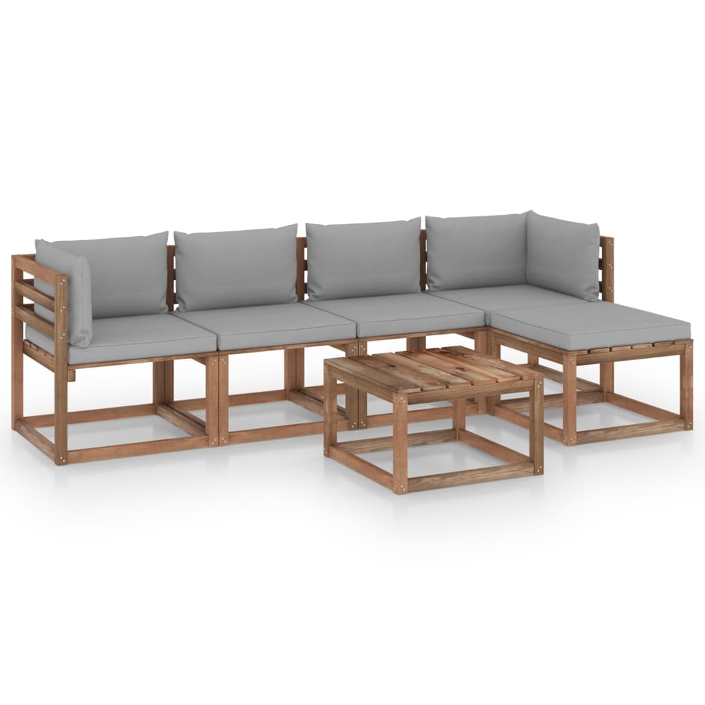 Set mobilier de gradina 5 piese, canapea L cu perne si masuta cafea, vidaXL, Lemn pin tratat, Maro/Perne gri