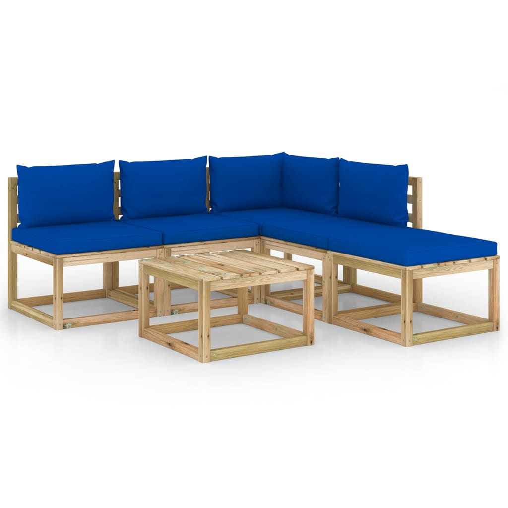 Set mobilier de gradina cu perne 6 piese, canapea L cu masuta, vidaXL, Lemn de pin tratat, Maro/Perne albastru