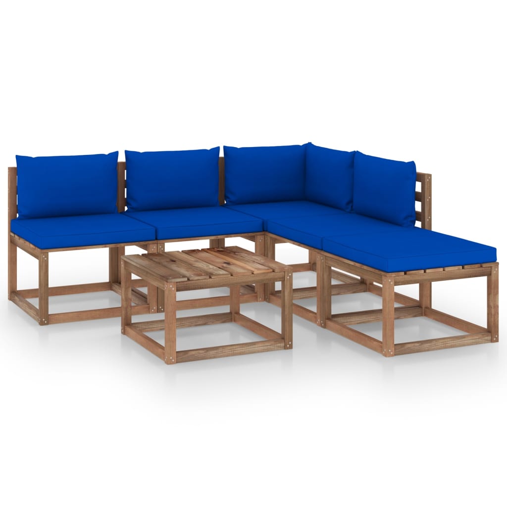 Set mobilier de gradina 6 piese, 2 canapele cu perne si masuta cafea, vidaXL, Lemn pin tratat, Maro/Perne Albastru