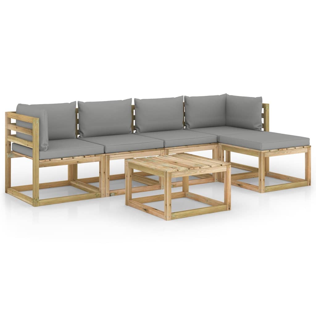 Set mobilier de gradina cu perne 6 piese, canapea L cu masuta, vidaXL, Lemn de pin tratat, Maro/Perne Gri