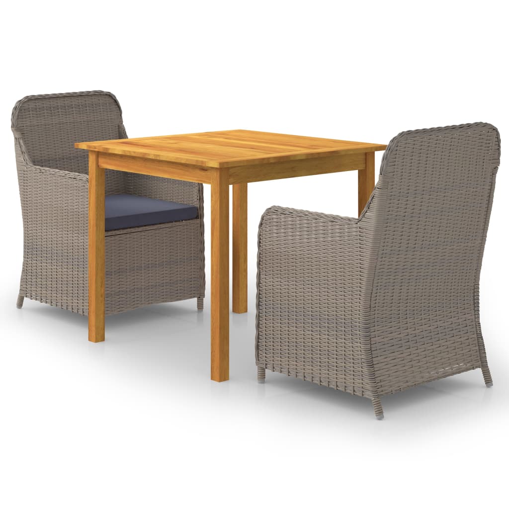 Set mobilier de gradina 3 piese masa cu 2 scaune cu perna, vidaXL, Lemn masiv acacia/Ratan, Bej-Maro