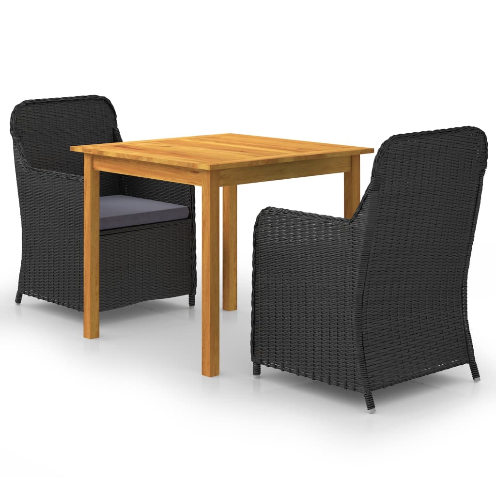Set mobilier de gradina 3 piese masa cu 2 scaune cu perne, vidaXL, Lemn masiv acacia/Ratan, Negru-Maro