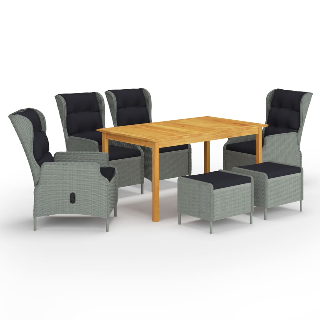 Set mobilier de gradina 7 piese masa cu scaune fotoliu rabatabile cu perna si tabureti, vidaXL, Ratan-Lemn masiv de acacia, Gri deschis-Maro