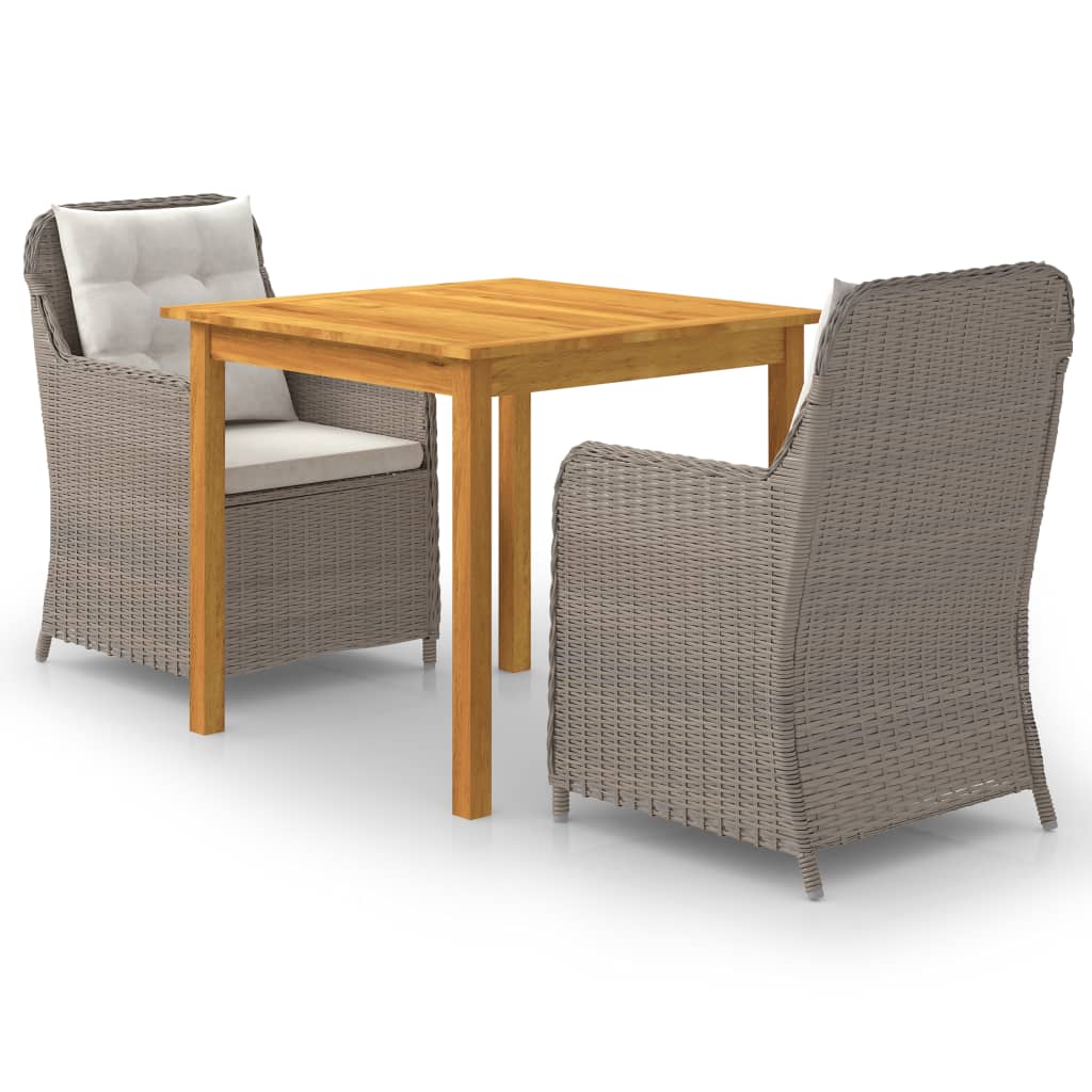 Set mobilier de gradina 3 piese masa cu 2 scaune cu perne, vidaXL, Lemn masiv acacia/Ratan, Bej-Maro
