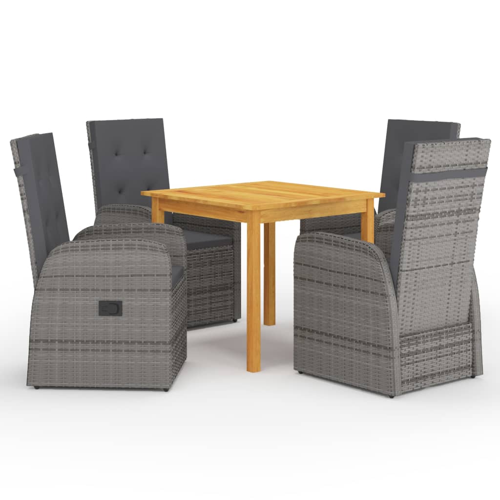 Set mobilier de gradina 5 piese masa cu 4 scaune fotoliu, vidaXL, Lemn masiv acacia/Ratan, Gri-Maro