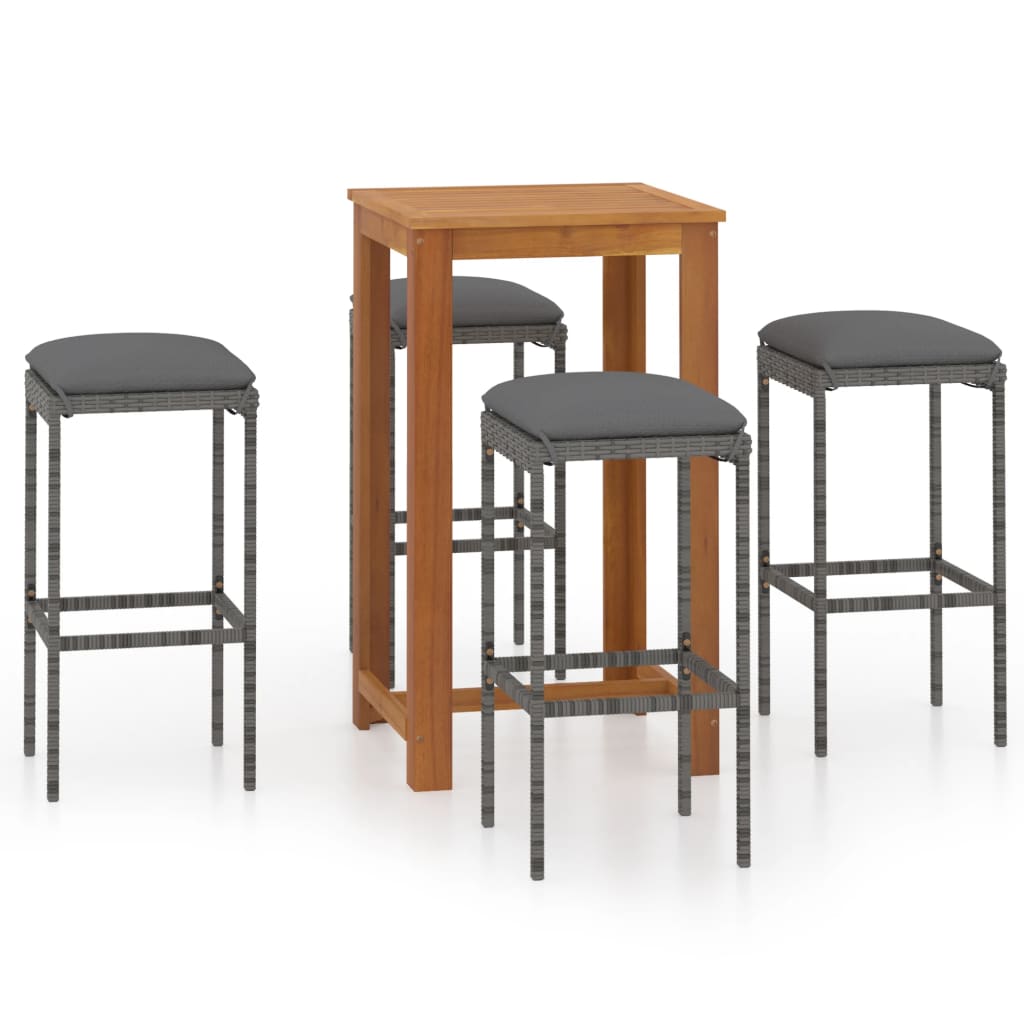 Set mobilier de bar de gradina 5 piese, masa cu 4 scaune, vidaXL, Lemn masiv de acacia si ratan, Maro/Gri