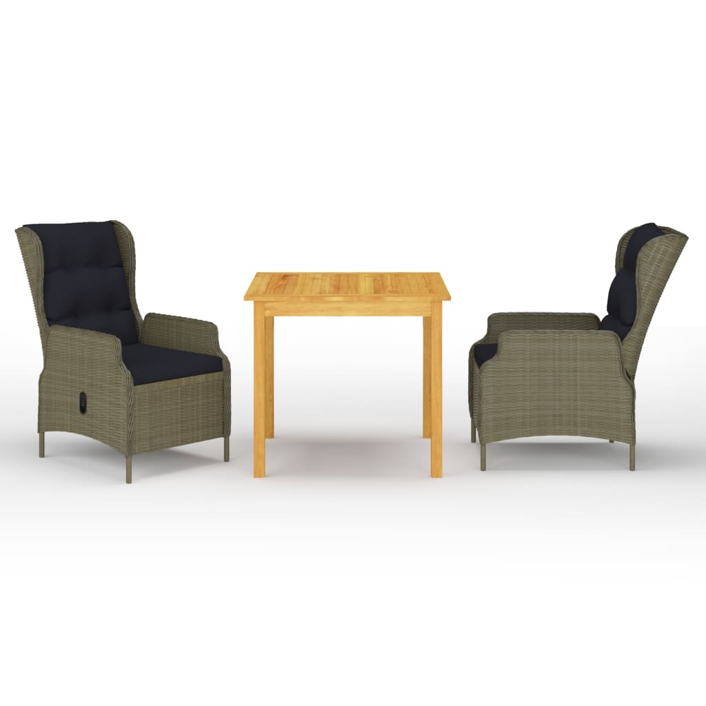 Set mobilier de gradina 3 piese masa cu 2 scaune fotoliu rabatabile cu perna, vidaXL, Ratan-Lemn masiv de acacia, Maro