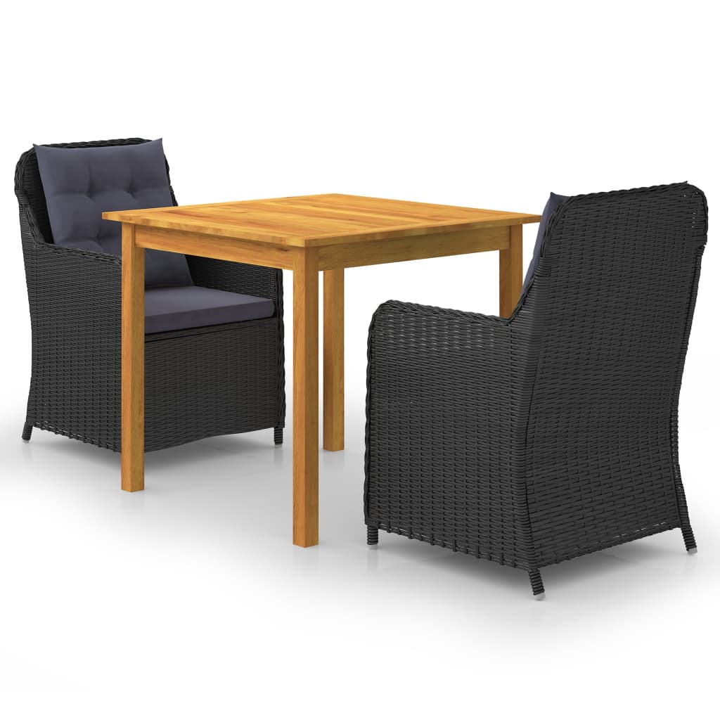 Set mobilier de gradina 3 piese masa cu 2 scaune cu perne, vidaXL, Lemn masiv acacia/Ratan, Negru-Maro