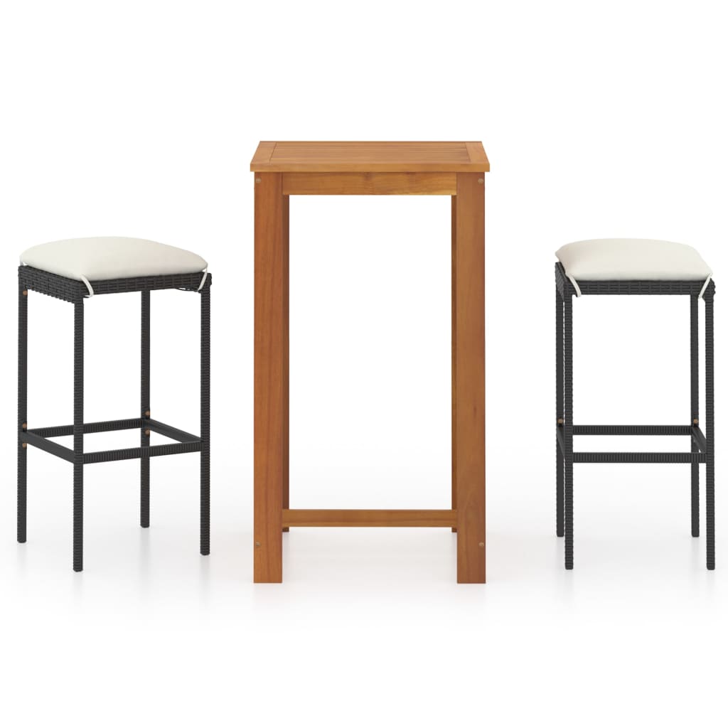 Set mobilier de bar de gradina 3 piese, masa cu 2 scaune, vidaXL, Lemn masiv de acacia si ratan, Maro/Negru, Perne crem