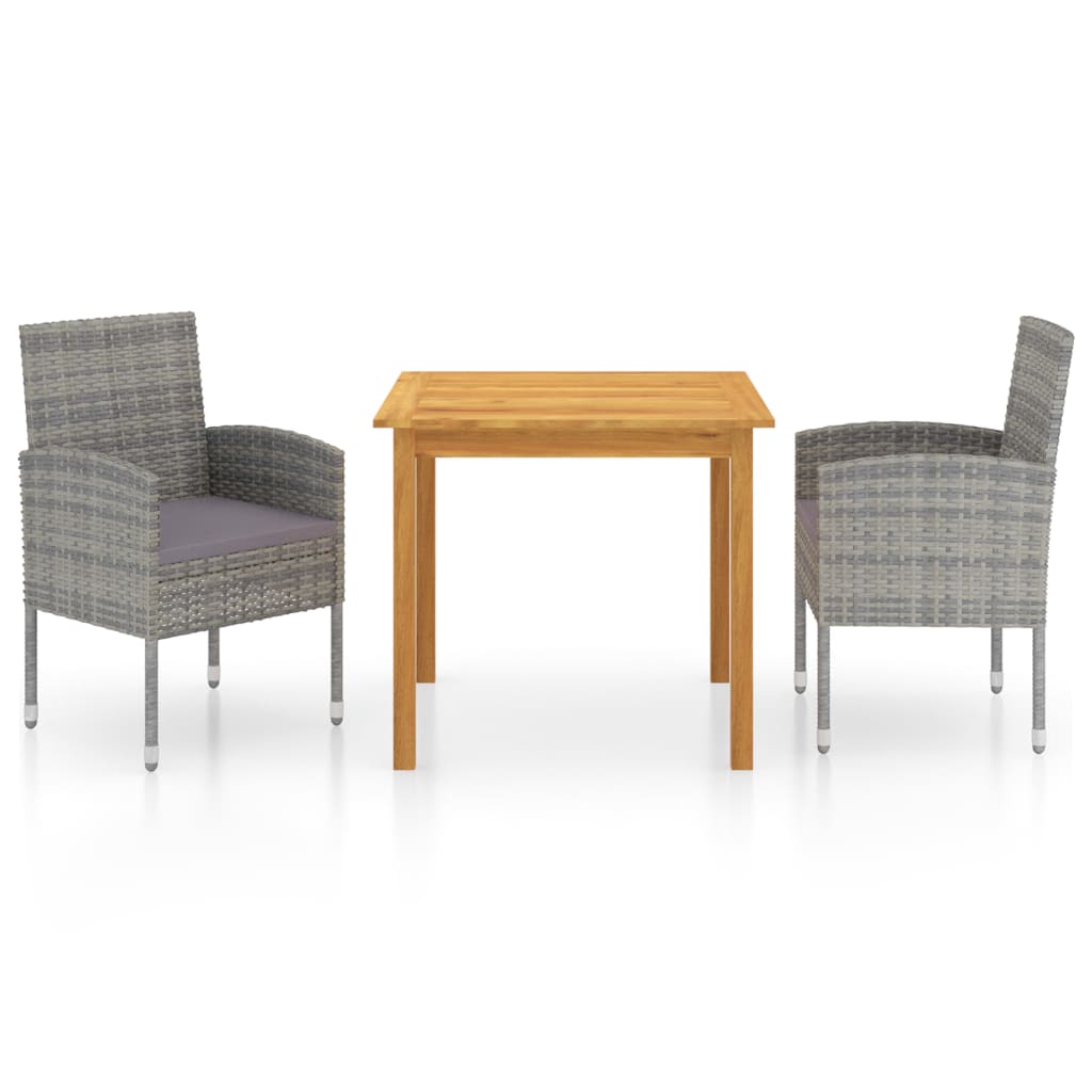 Set mobilier de gradina 3 piese masa cu 2 scaune cu perna, vidaXL, Ratan-Lemn masiv de acacia, Gri-Maro