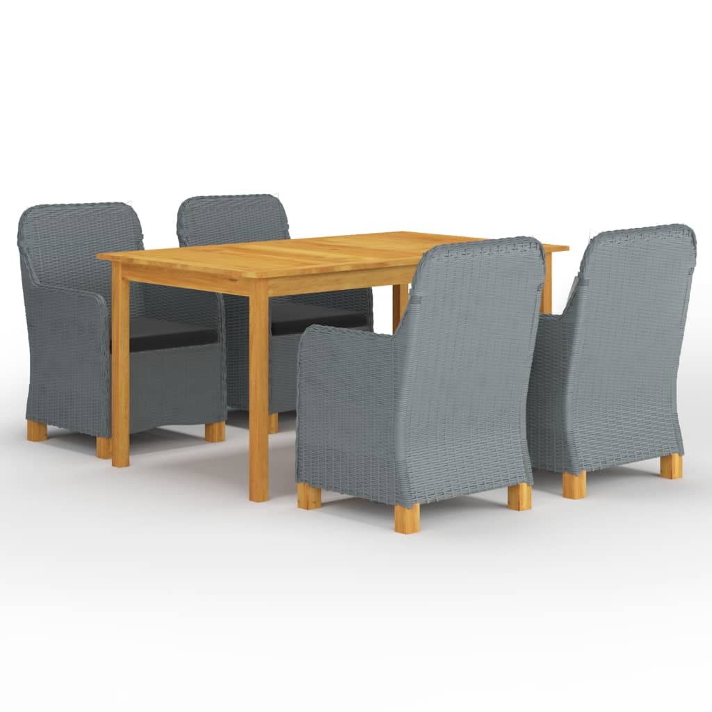 Set mobilier de gradina 5 piese masa cu 4 scaune fotoliu rabatabile cu perna, vidaXL, Ratan-Lemn masiv acacia, Gri deschis-Maro
