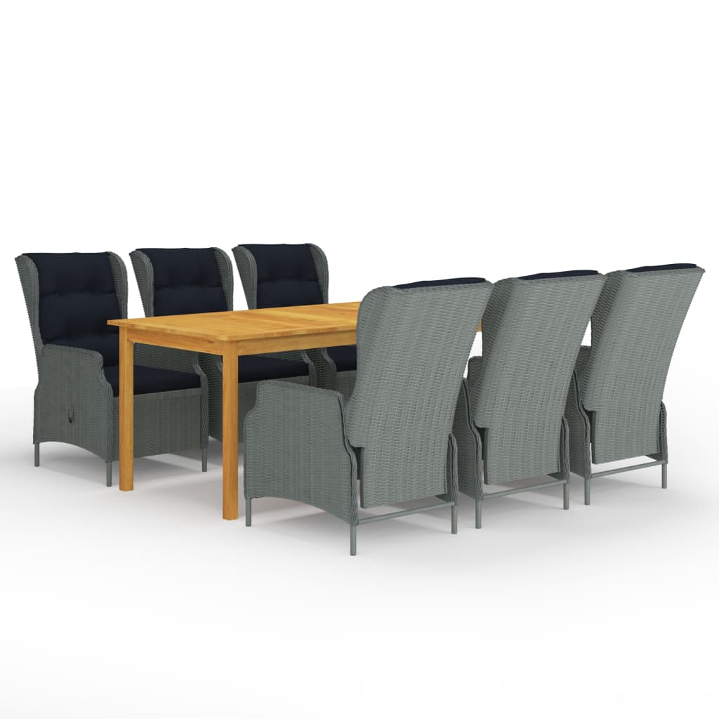 Set mobilier de gradina 7 piese masa cu 6 scaune fotoliu rabatabile, vidaXL, Ratan-Lemn masiv acacia, Gri deschis-Maro