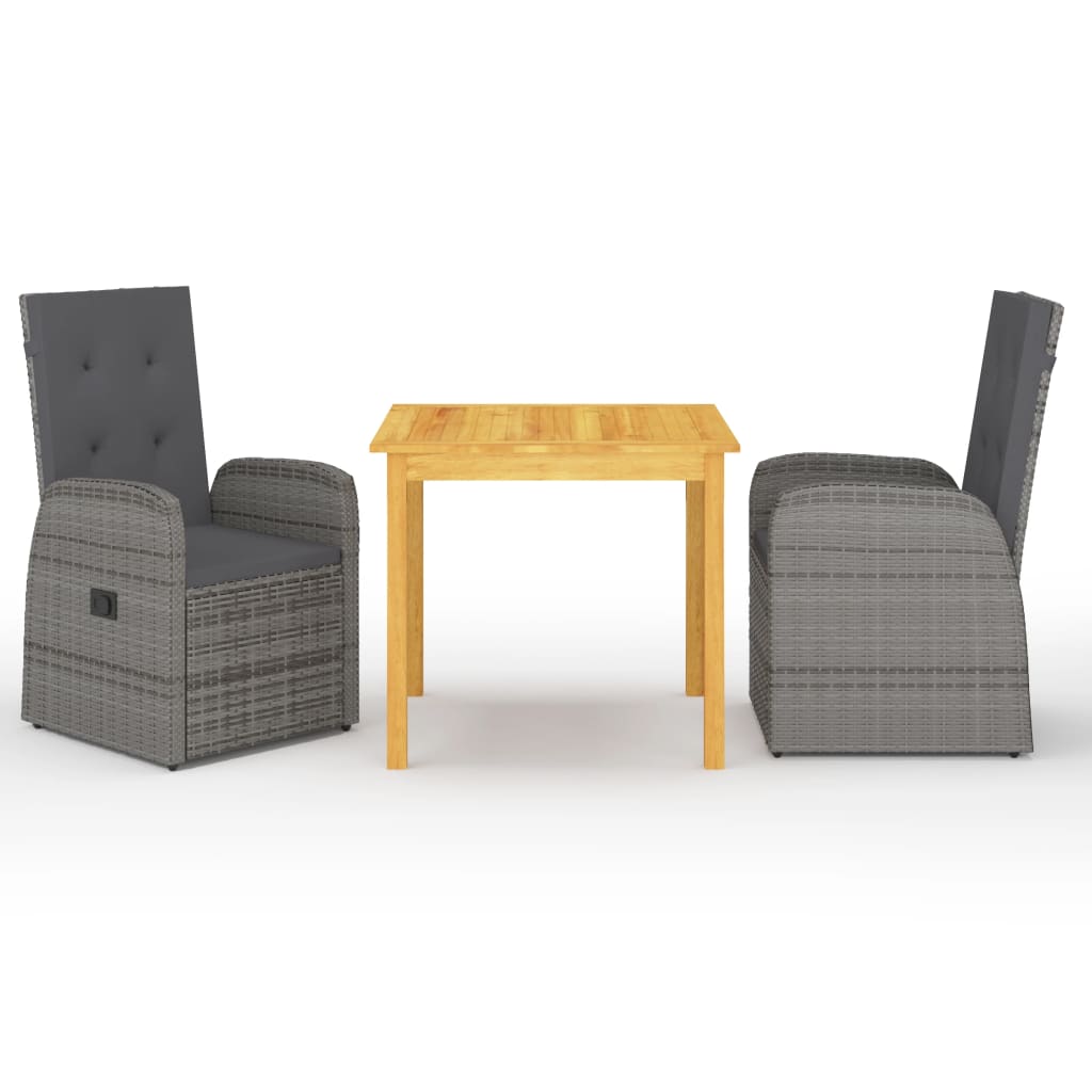 Set mobilier de gradina 3 piese masa cu 2 scaune fotoliu, vidaXL, Lemn masiv acacia/Ratan, Gri-Maro