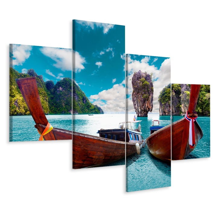 Картина от 4 части ГОЛЕМИ Скали Природа 240см x 150см Пейзаж, Лодка, 3D ефект, Модерен дизайн, Декоративна, Канава