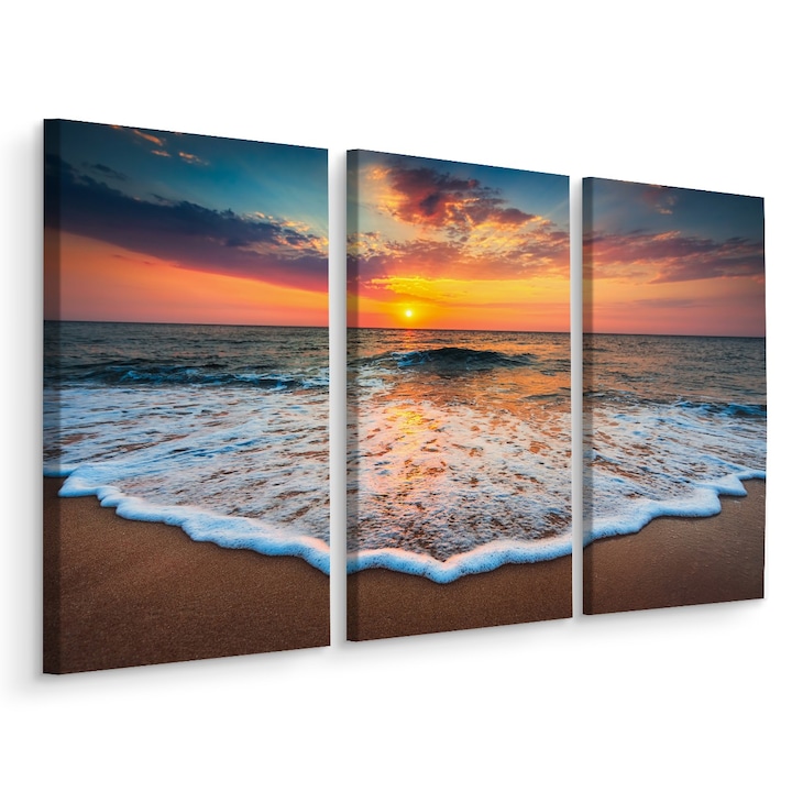 Tablou Triptic APUS la Mare 180cm x 120cm Soare, Cer, Nori, Creative decor, Modern design, Canvas, Peisaj 3D