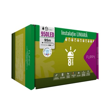 Instalatie Craciun, 95 m, 950 Led-uri ,Liniara, Multicolor, 2 culori pe LED, 8 jocuri de lumini, Transformator, Interconectabila, Prelungitor 3 m inclus, Fir Verde, Flippy Instalatie Craciun, 95 m, 950 Led-uri ,Liniara, Multicolor, 2 culori pe LED, 8 jocuri de lumini, Transformator, Interconectabila, Prelungitor 3 m inclus, Fir Verde, Flippy