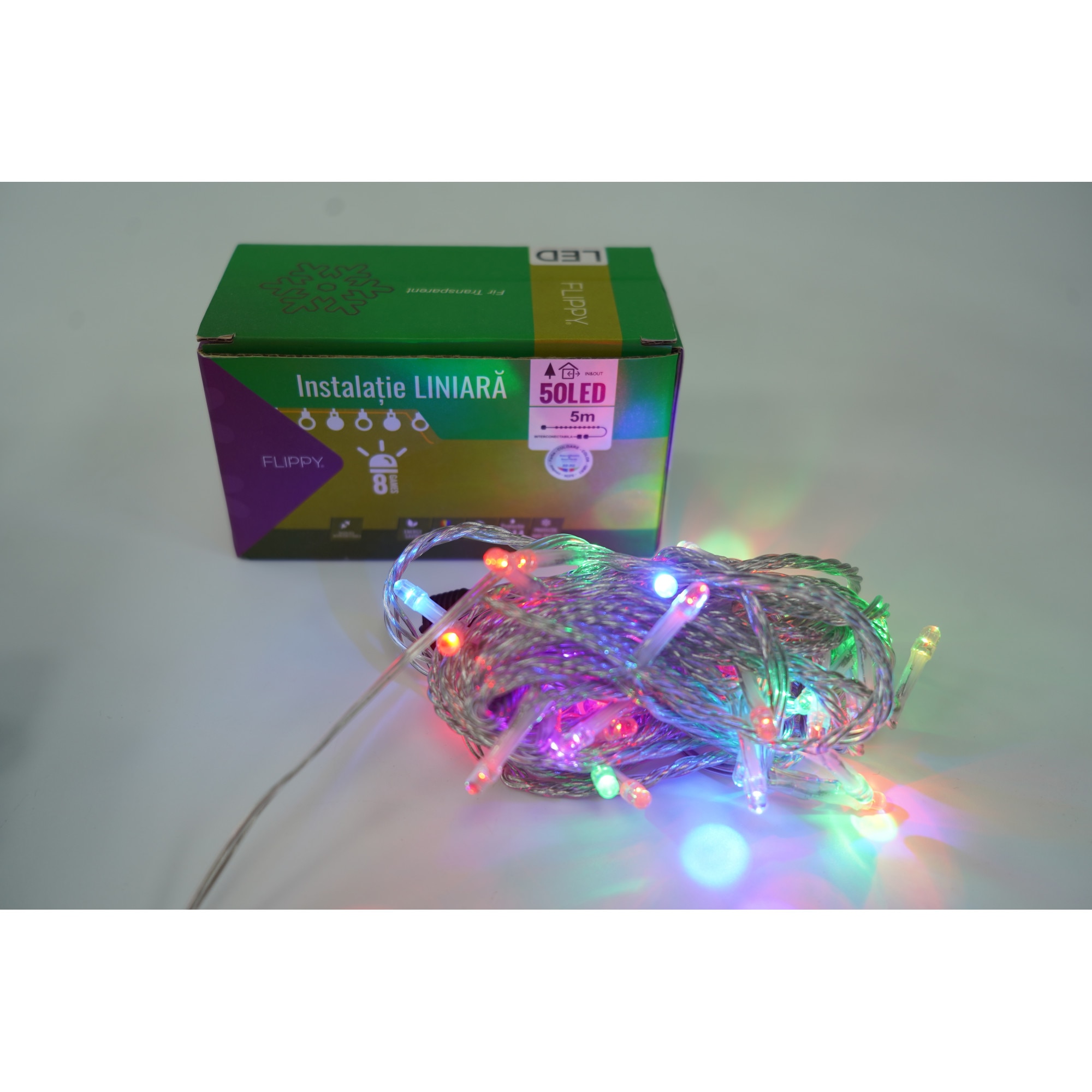 Instalatie Craciun, 35 m, 350 Led-uri ,Liniara, Multicolor, 2 culori pe LED, 8 jocuri de lumini, Transformator, Interconectabila, Prelungitor 3 m inclus, Fir Transparent, Flippy