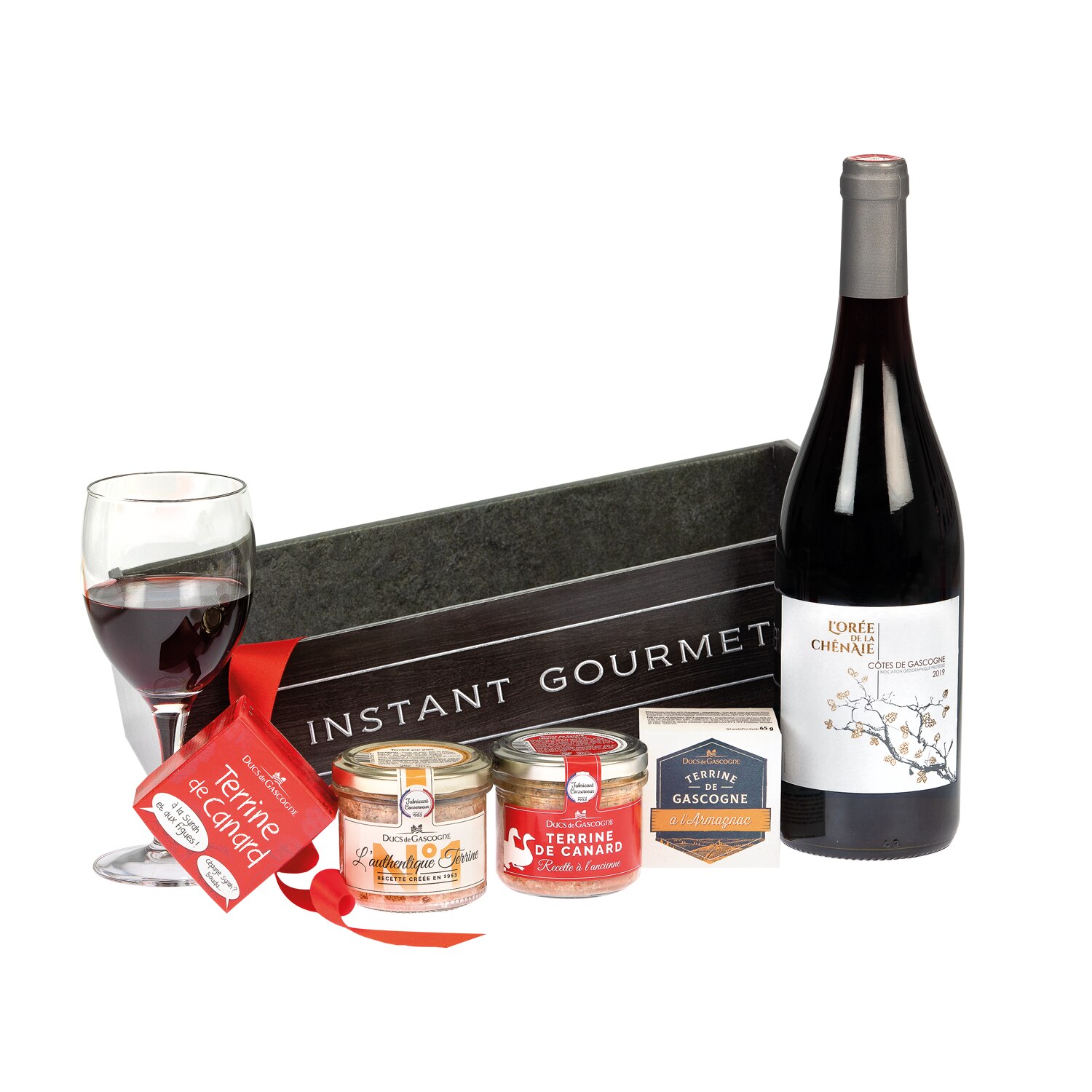 Cos cadou Instant Gourmet cu delicatese terine si vin pentru Sarbatori, Ducs de Gascogne, 5 produse