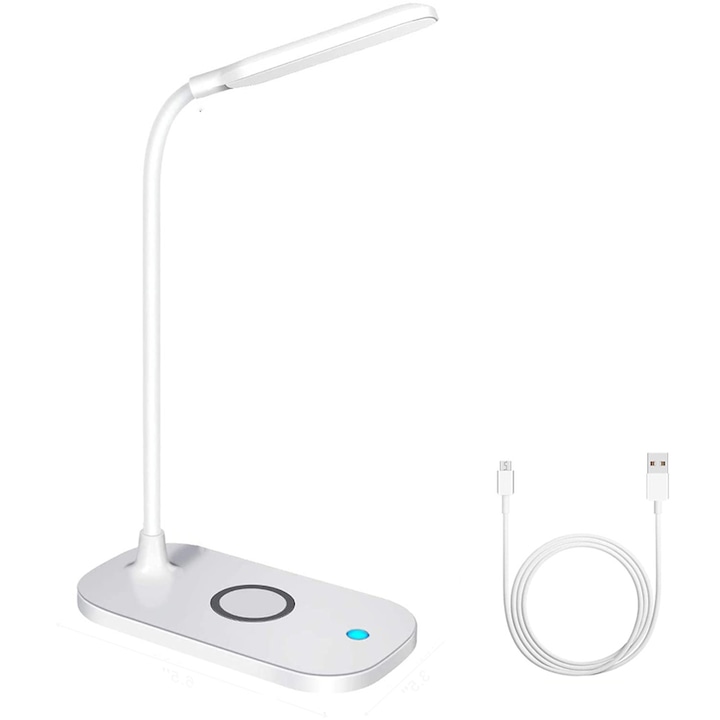 YWX asztali lámpa, 10 W, 3 mód, Qi, vezeték nélküli töltő, érintésvezérlés, állítható kar, USB, fehér