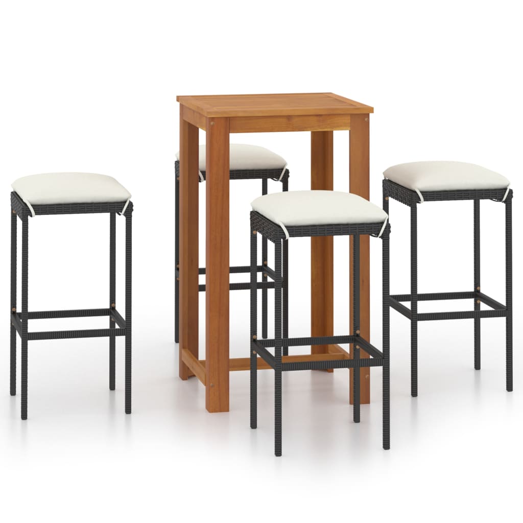 Set mobilier de bar de gradina 5 piese, masa cu 4 scaune, vidaXL, Lemn masiv de acacia si ratan, Maro/Negru