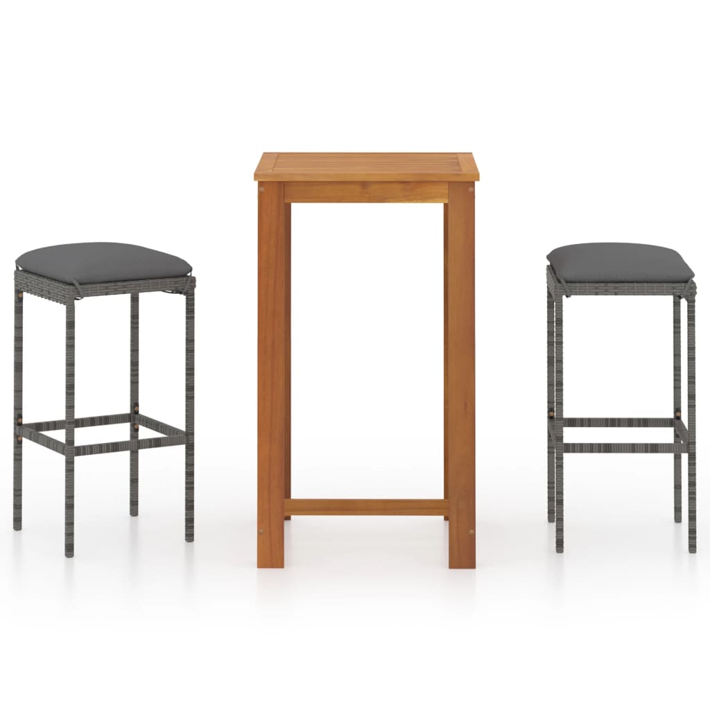Set mobilier de bar de gradina 3 piese, masa cu 2 scaune, vidaXL, Lemn masiv de acacia si ratan, Maro/Gri
