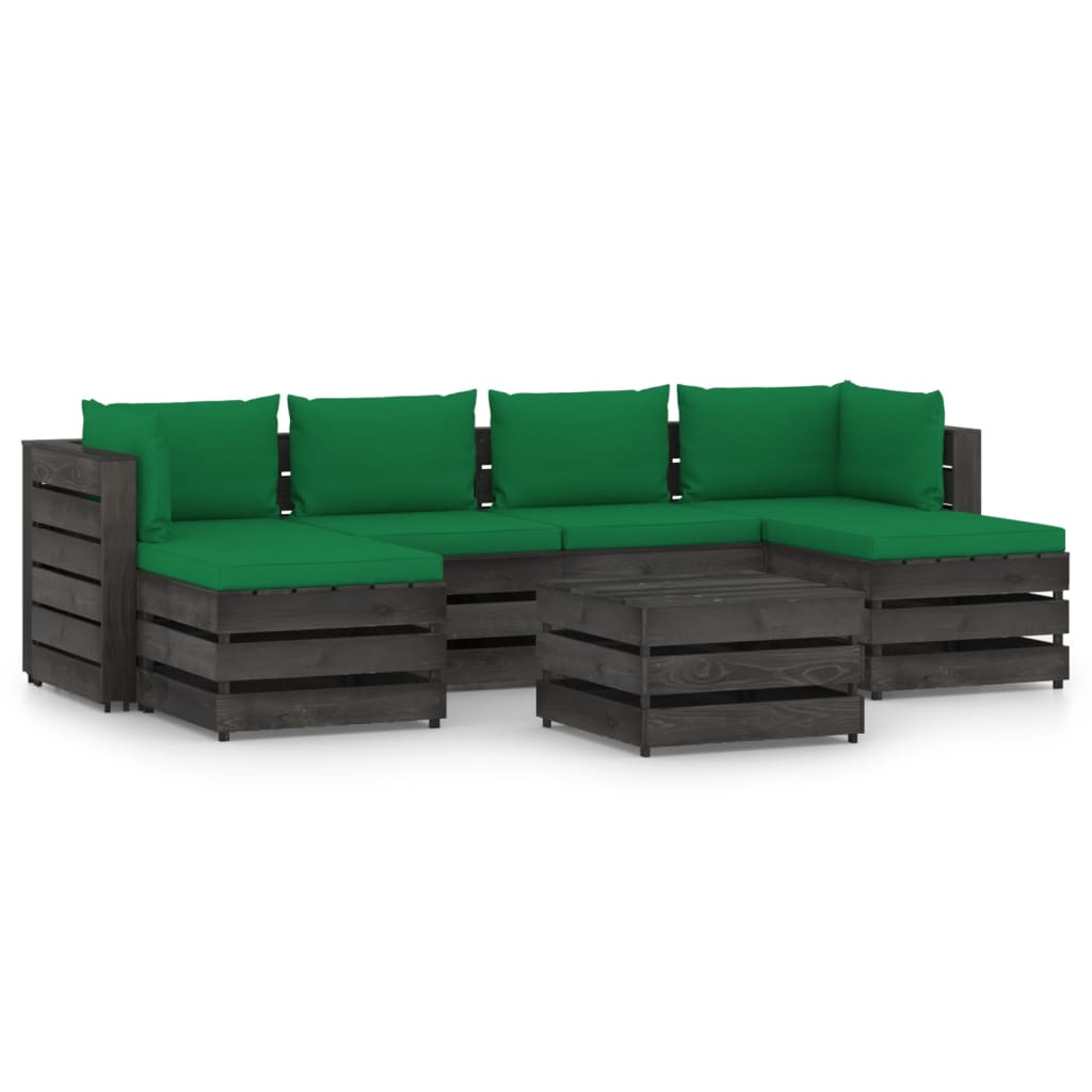 Set mobilier gradina cu perne 7 piese canapea U si masuta cafea, vidaXL, Lemn tratat de pin, Gri inchis/Perne verde