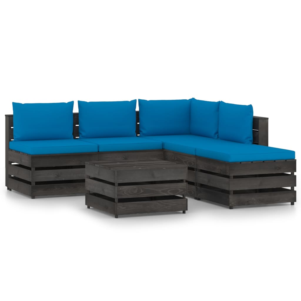 Set mobilier gradina cu perne 6 piese canapea L si masuta cafea, vidaXL, Lemn tratat de pin, Gri inchis/Perne Albastru