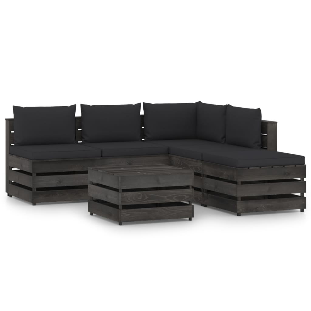 Set mobilier gradina cu perne 6 piese canapea L si masuta cafea, vidaXL, Lemn tratat de pin, Gri inchis/Perne Negru