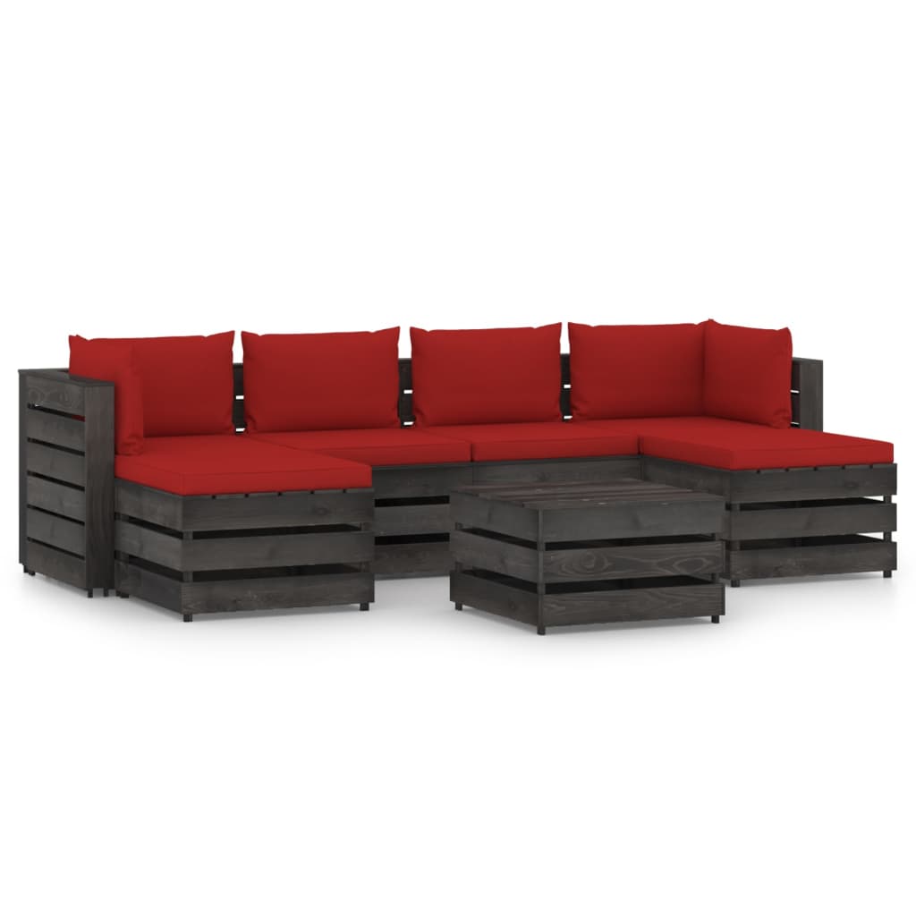 Set mobilier gradina cu perne 7 piese canapea U si masuta cafea, vidaXL, Lemn tratat de pin, Gri inchis/Perne rosu